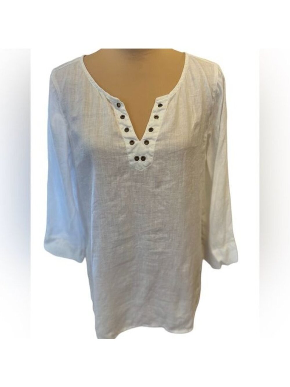 St Tropez West Vintage  100% Linen White Top Cover Up Missing Lace Cord Medium
